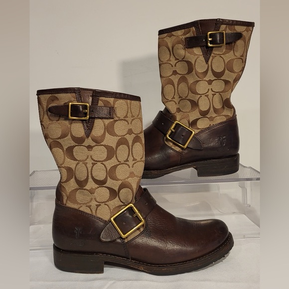 ✨PRICE DROP..Frye COACH moto brown Leather & Logo canvas boots - Picture 1 of 7